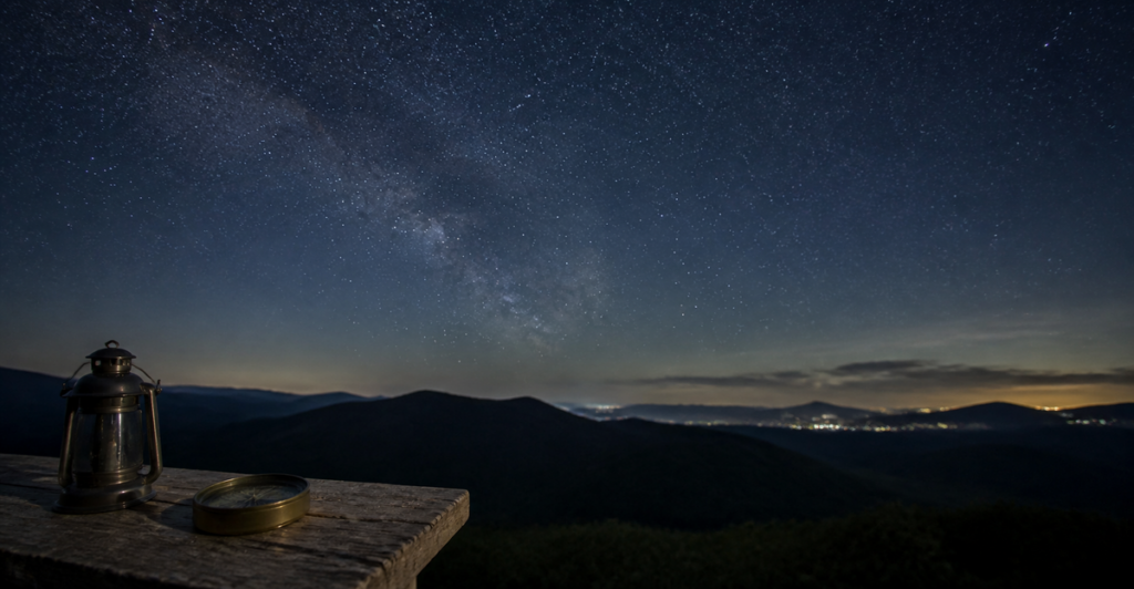 日本の里山の稜線の上に広がる満天の星空。手前に真鍮の方位磁石と無地のランタンが置かれた12星座の運勢のイメージ