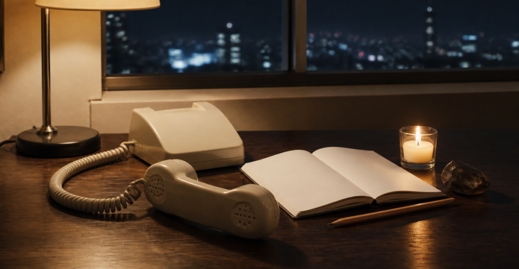 夜の机に置かれた無地のレトロな電話の受話器と白紙のノート、キャンドル。窓の外には夜景がぼけて広がる電話占いのイメージ